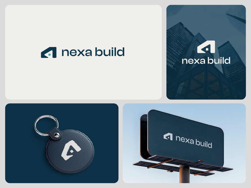 Nexa Build — Premium real estate brand identity system — from lapel pin to building facade.
