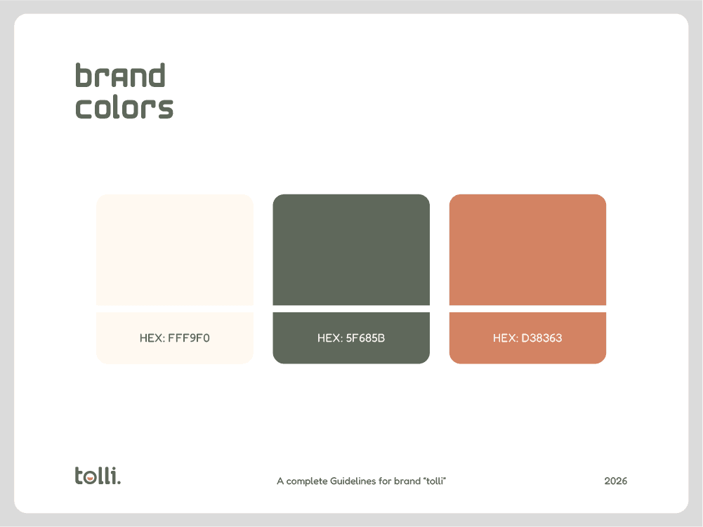 Tolli colours — cream #FFF9F0, forest green #5F685B, terracotta #D38363