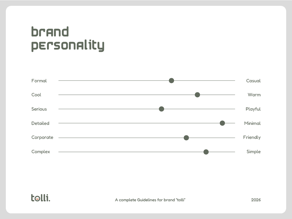 Tolli brand personality sliders — warm, playful, minimal, friendly